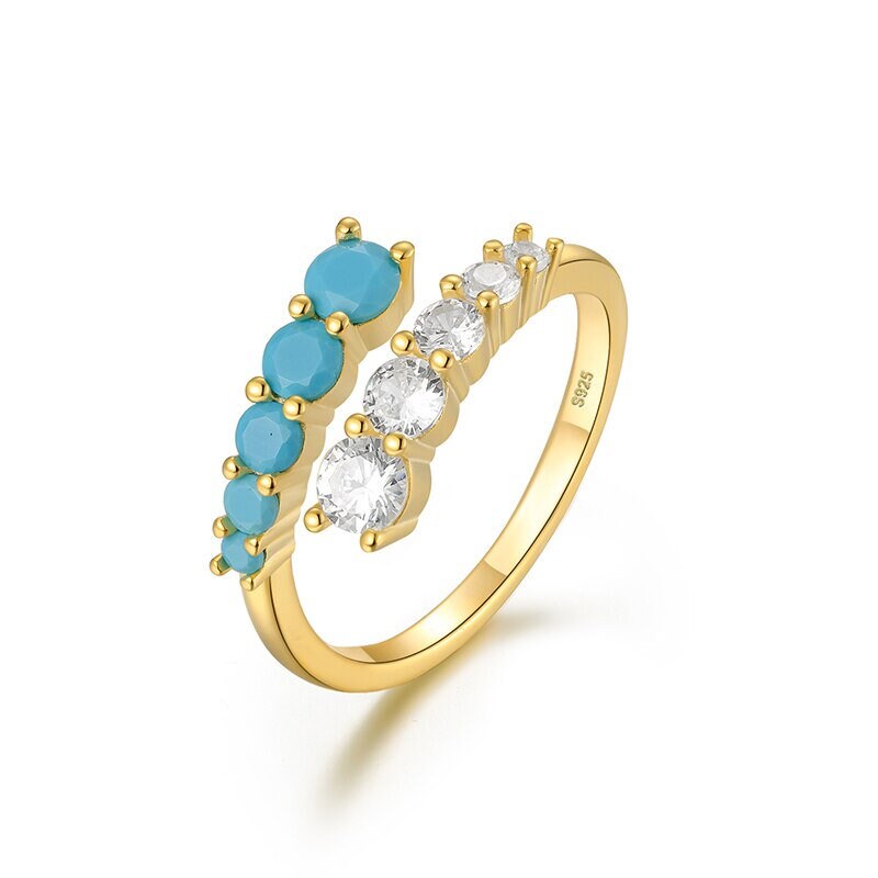 Dainty Green Emerald Adjustable Ring - Blue Turquoise Open Band Ring - Tow Colour Crystal Ring - 18k Gold Green Crystal Ring - Gift For Her