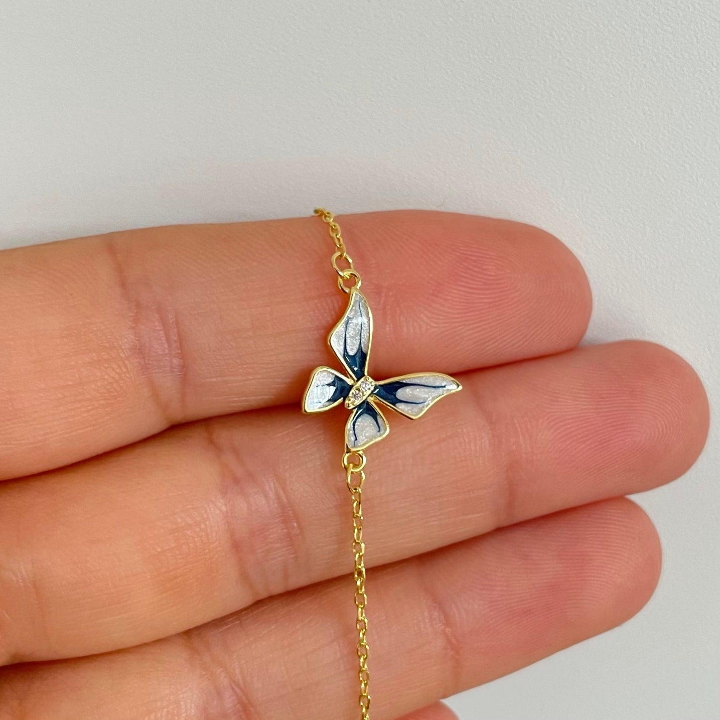 18k Gold Blue Enamel Butterfly Charm Bracelet -Gold Butterfly Bracelet -Dainty Butterfly Bracelet -Delicate Butterfly Bracelet -Gift For Her