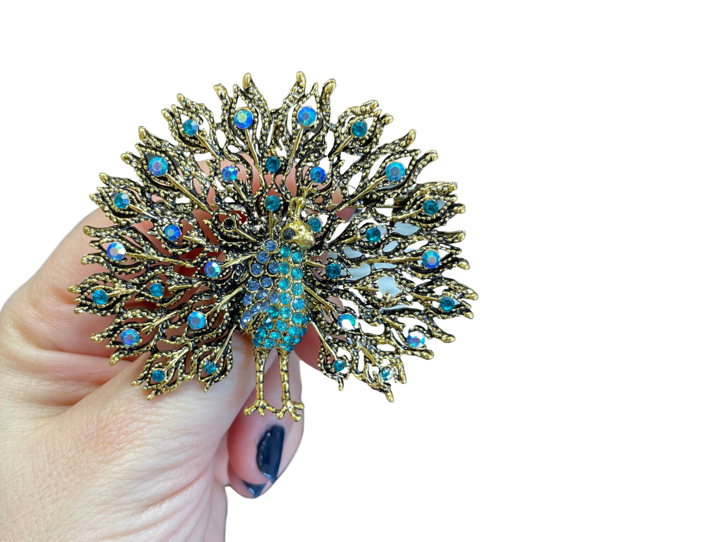 Colourful Rhinestone Peacock Bird Silver Brooch