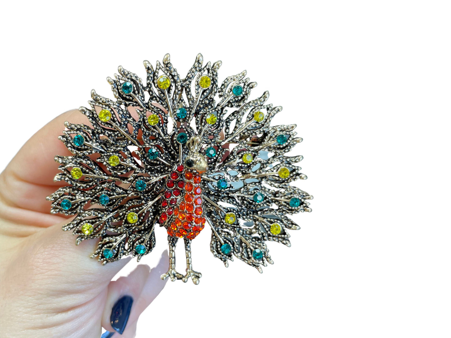 Colourful Rhinestone Peacock Bird Silver Brooch