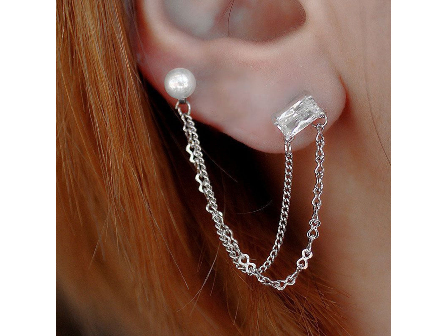Chain Double Hole Pearl Stud Earrings