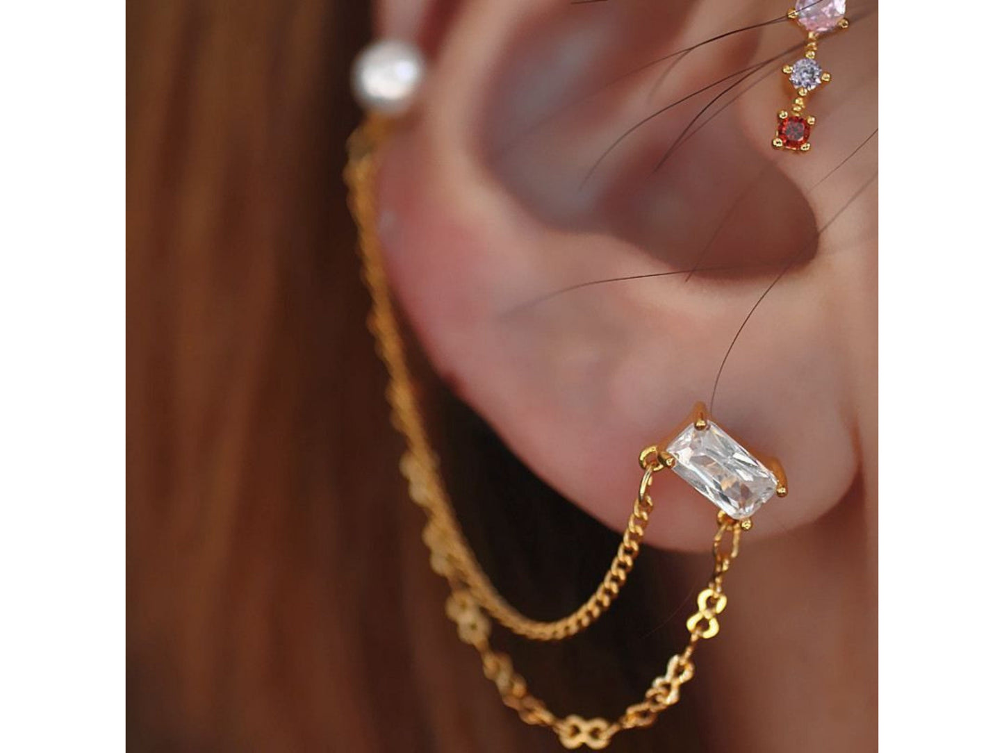 Chain Double Hole Pearl Stud Earrings