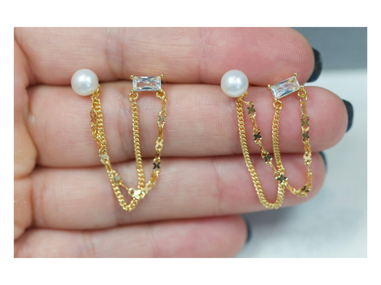 Chain Double Hole Pearl Stud Earrings