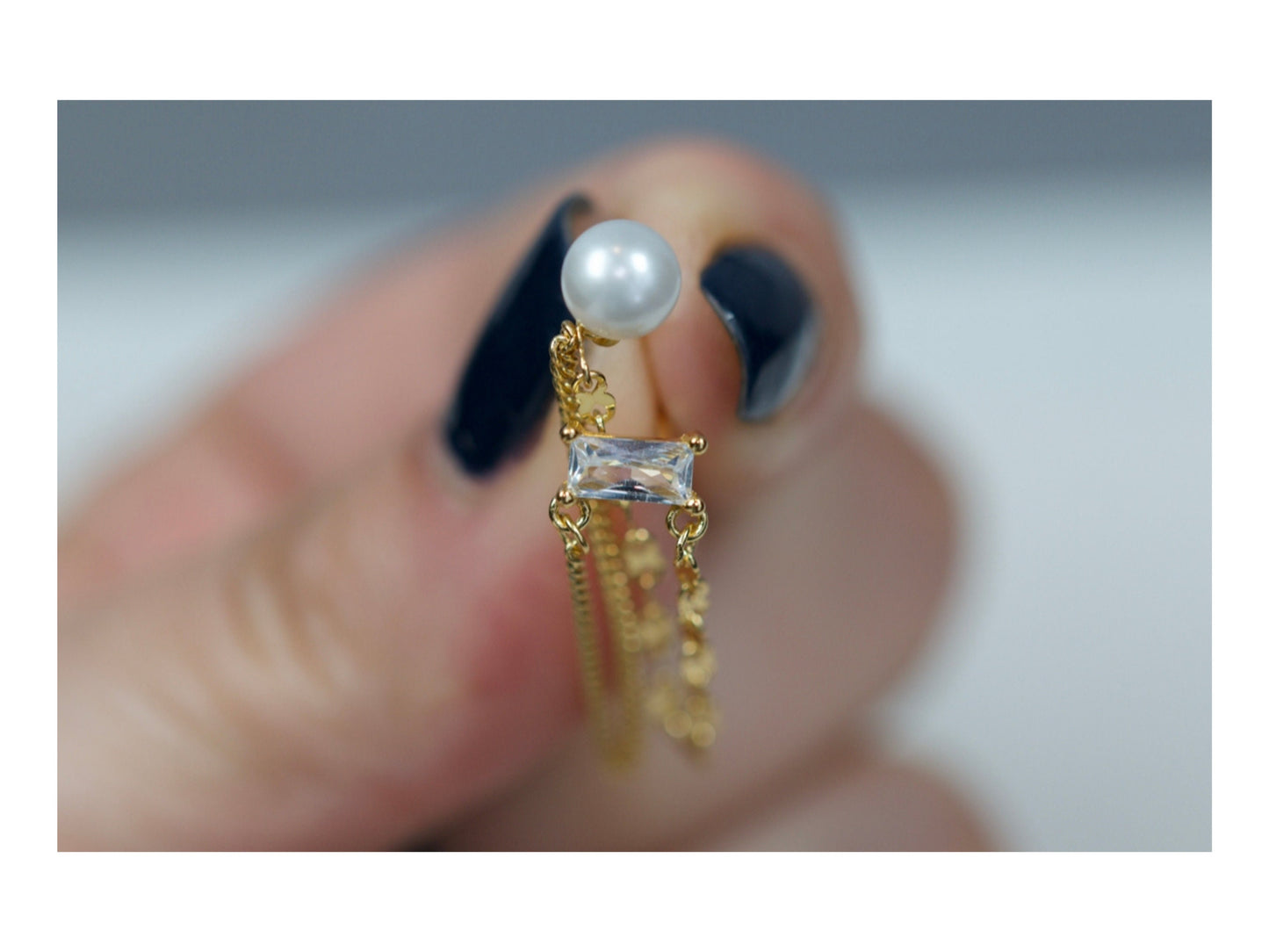 Chain Double Hole Pearl Stud Earrings