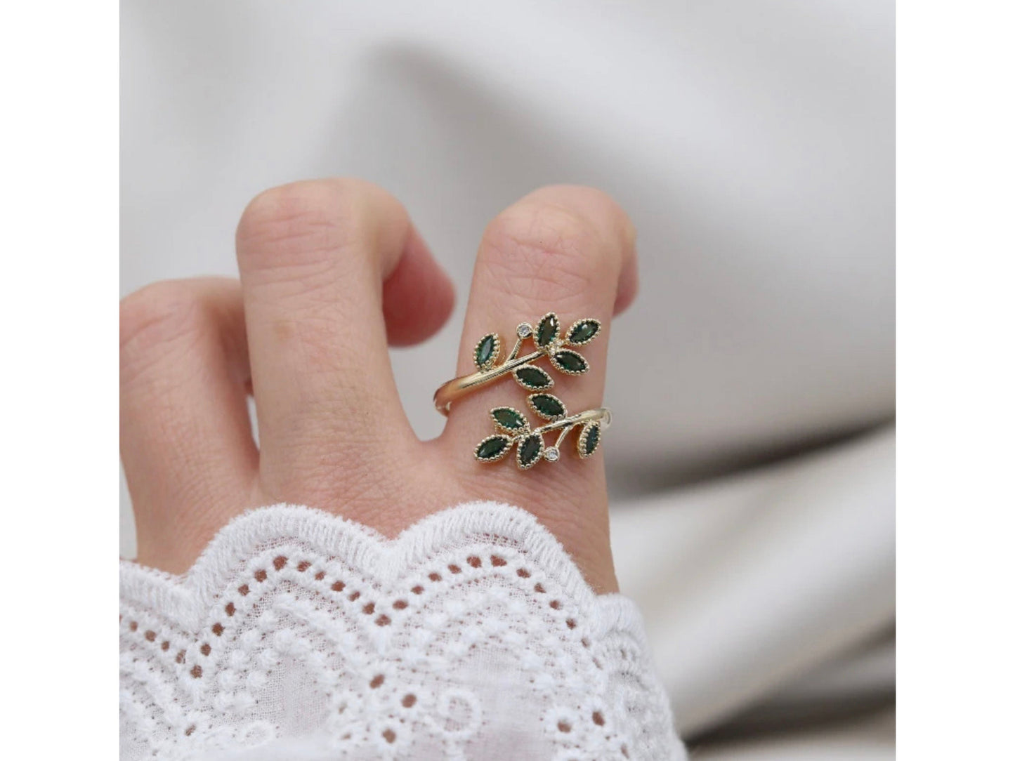 Emerald Olive Tree Branch Leaf Ring