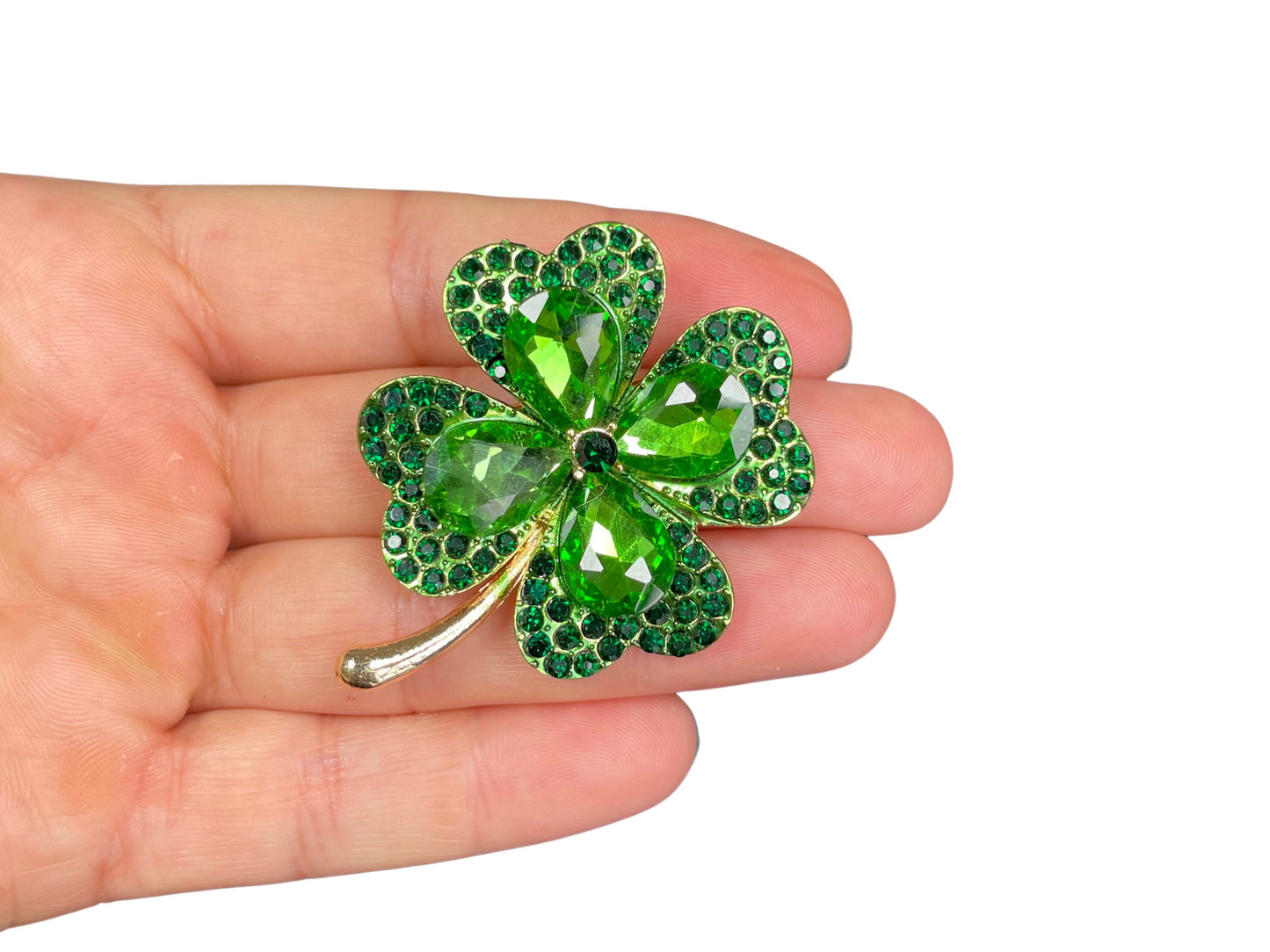 Elegant Green Crystal Four Leaf Clover Brooch