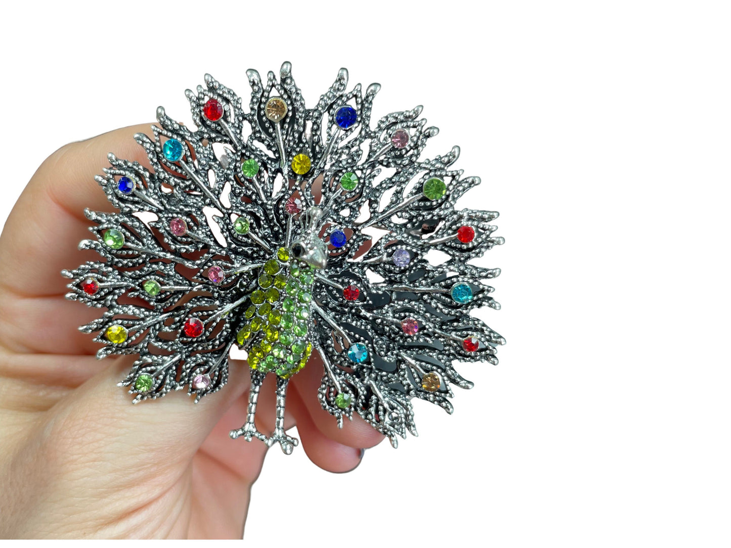 Colourful Rhinestone Peacock Bird Silver Brooch
