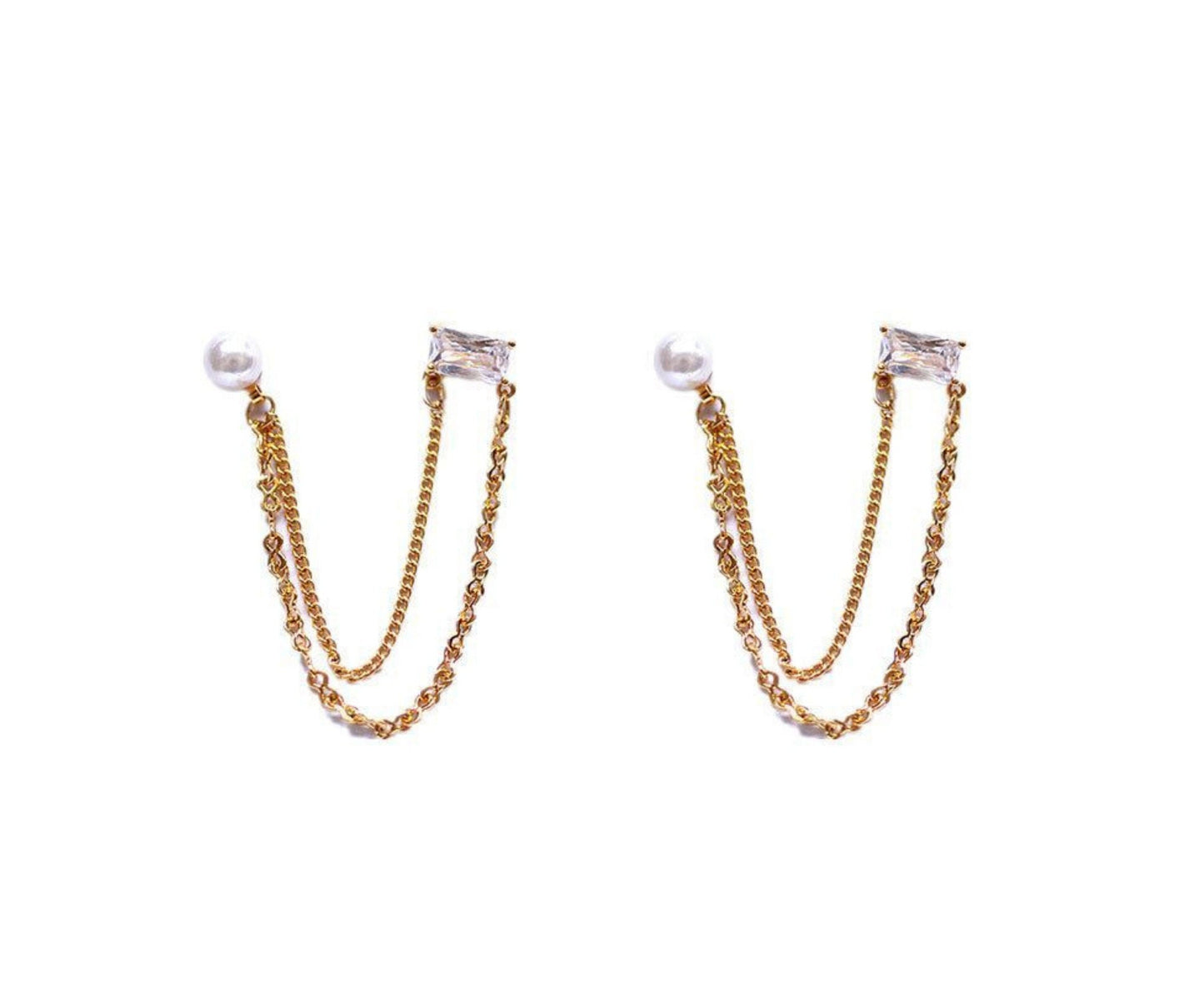Chain Double Hole Pearl Stud Earrings