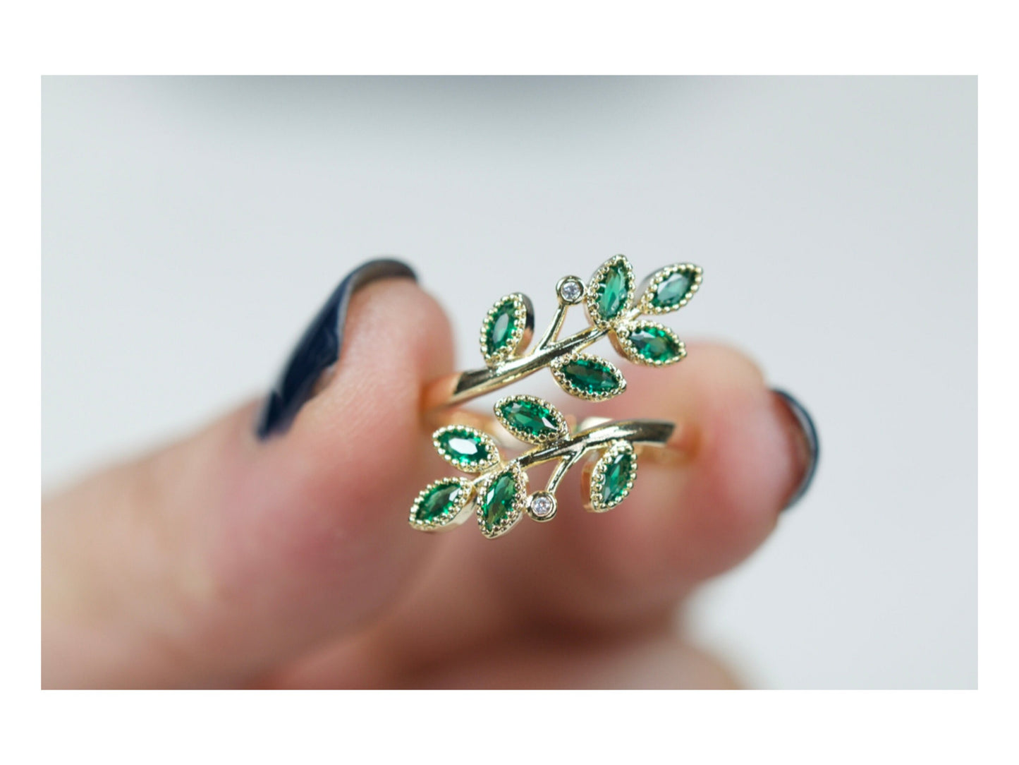 Emerald Olive Tree Branch Leaf Ring