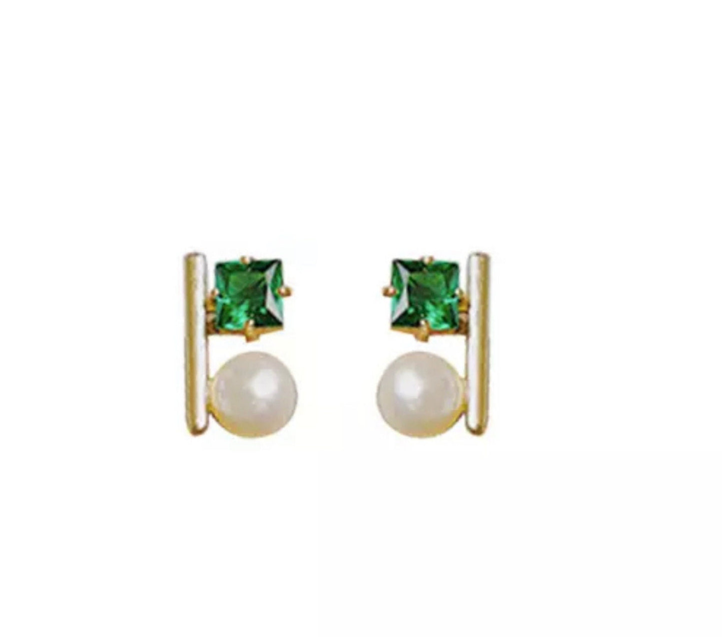 Mini Green Emerald And Pearl Bar Earrings