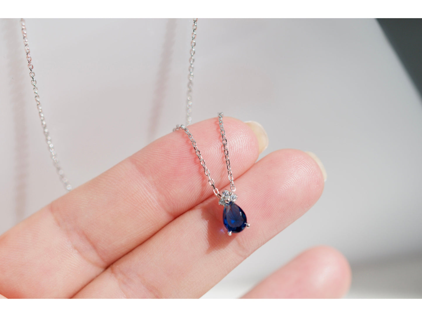 Tiny Blue Sapphire Teardrop Charm Necklace