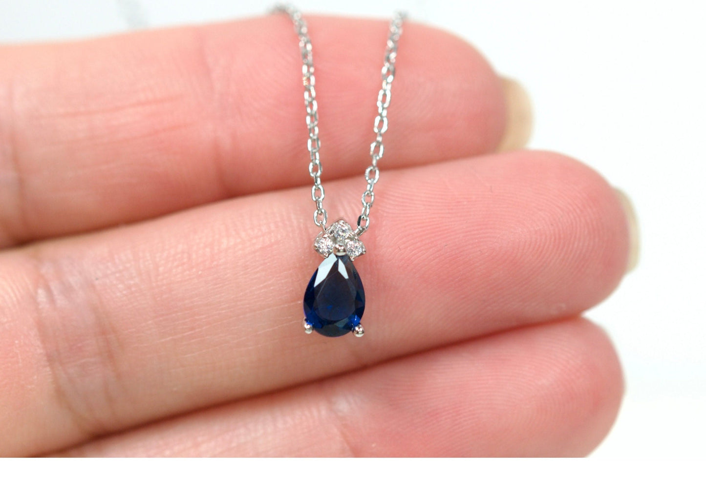 Tiny Blue Sapphire Teardrop Charm Necklace
