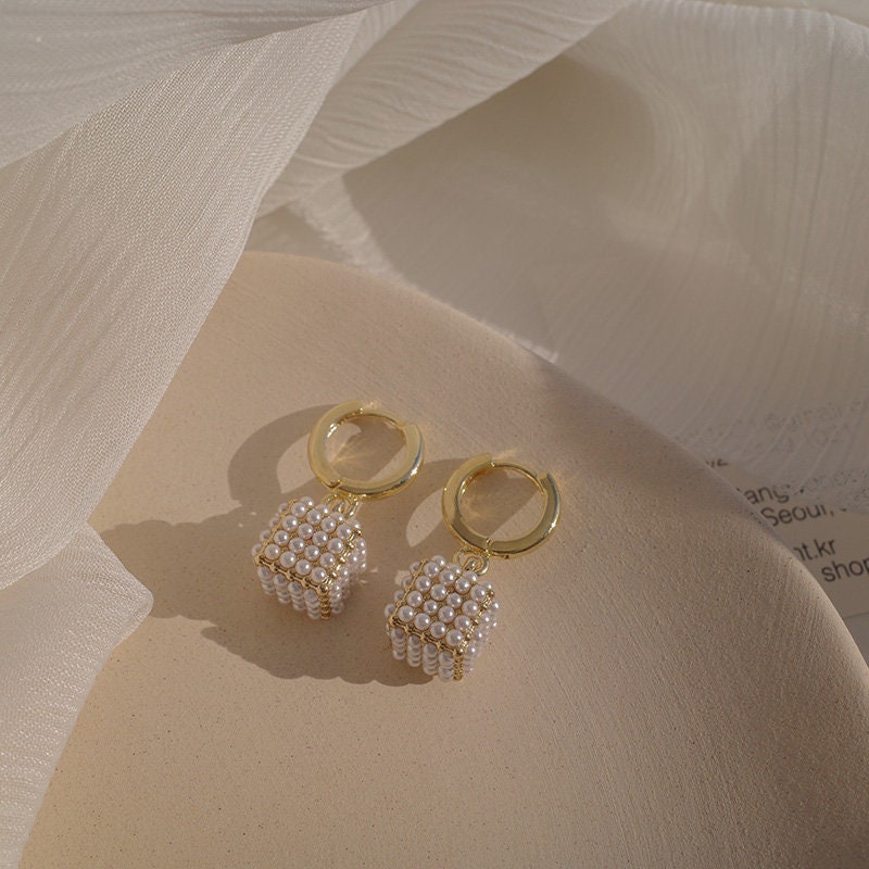 Cube Charm Pearl Hoop Earrings