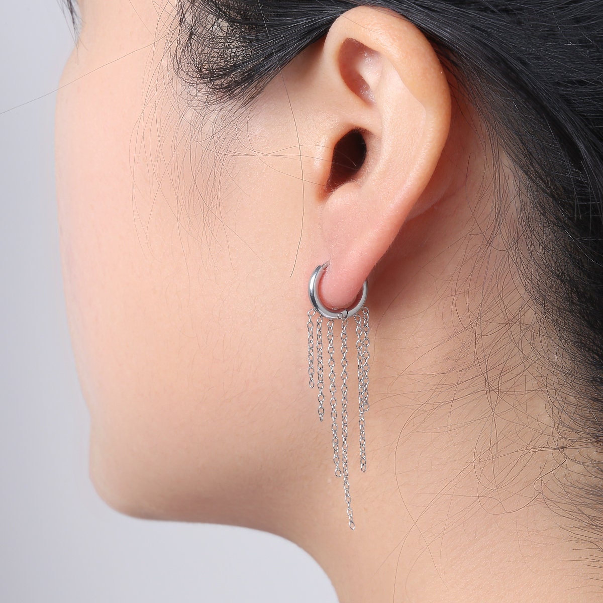 Long Chain Tassel Huggie Earrings
