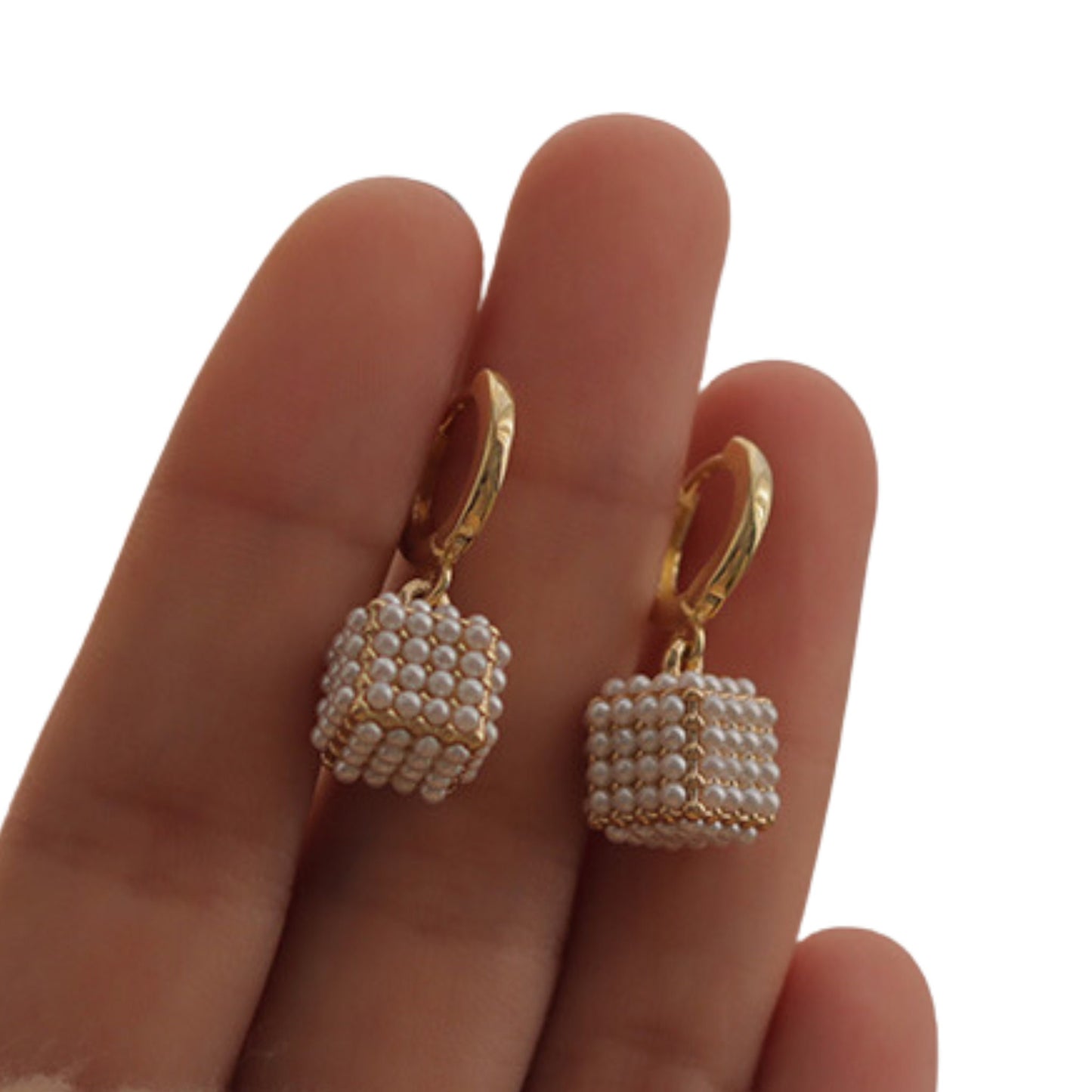 Cube Charm Pearl Hoop Earrings