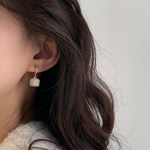 Cube Charm Pearl Hoop Earrings