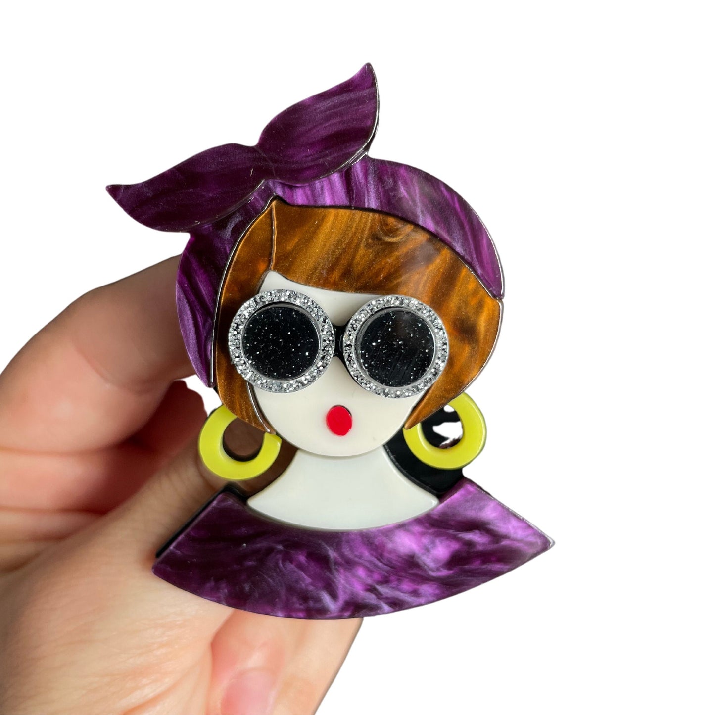 Fun And Quirky Purple Lady With Sunglasses Acrylic Brooch