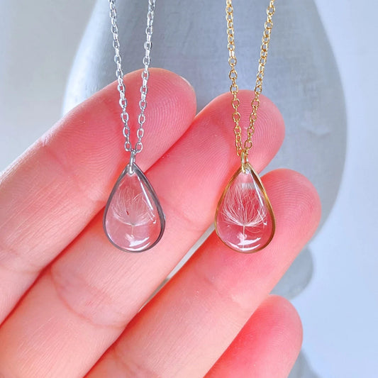 Real Dandelion Seed Teardrop Necklace