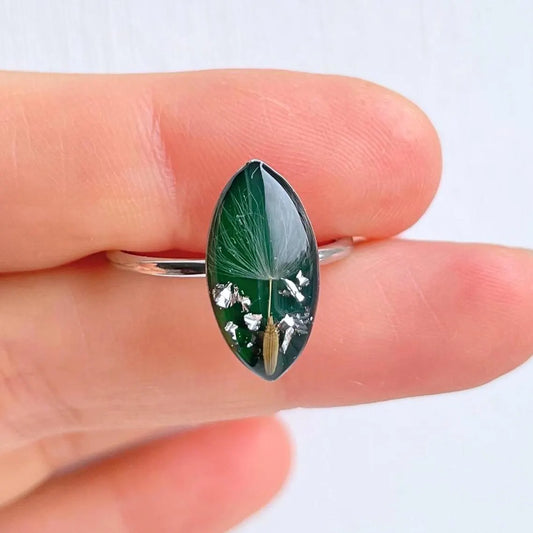 Real Dandelion Seed Green Stone Ring