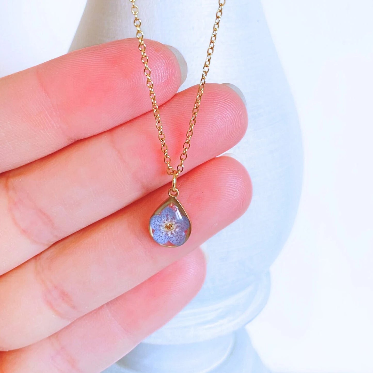 Forget Me Not Flower Teardrop Charm Necklace