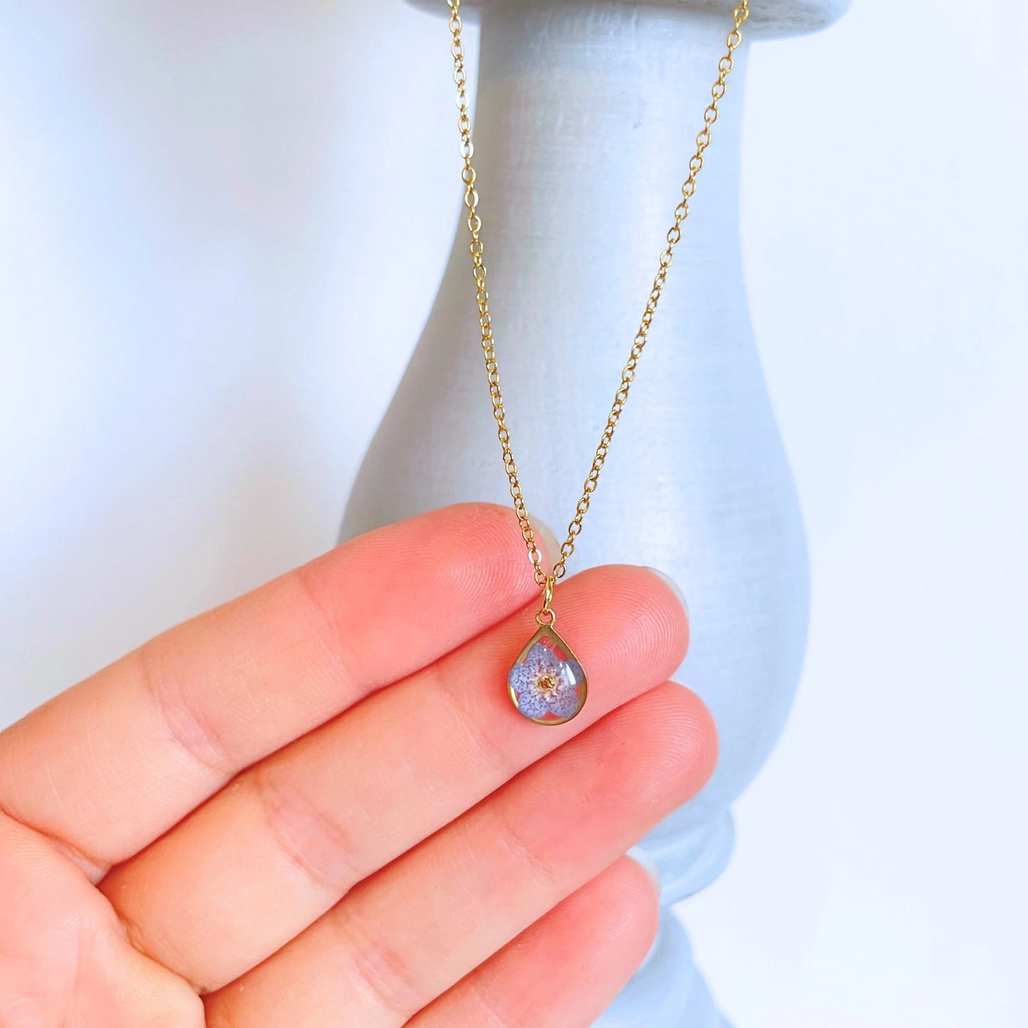 Forget Me Not Flower Teardrop Charm Necklace