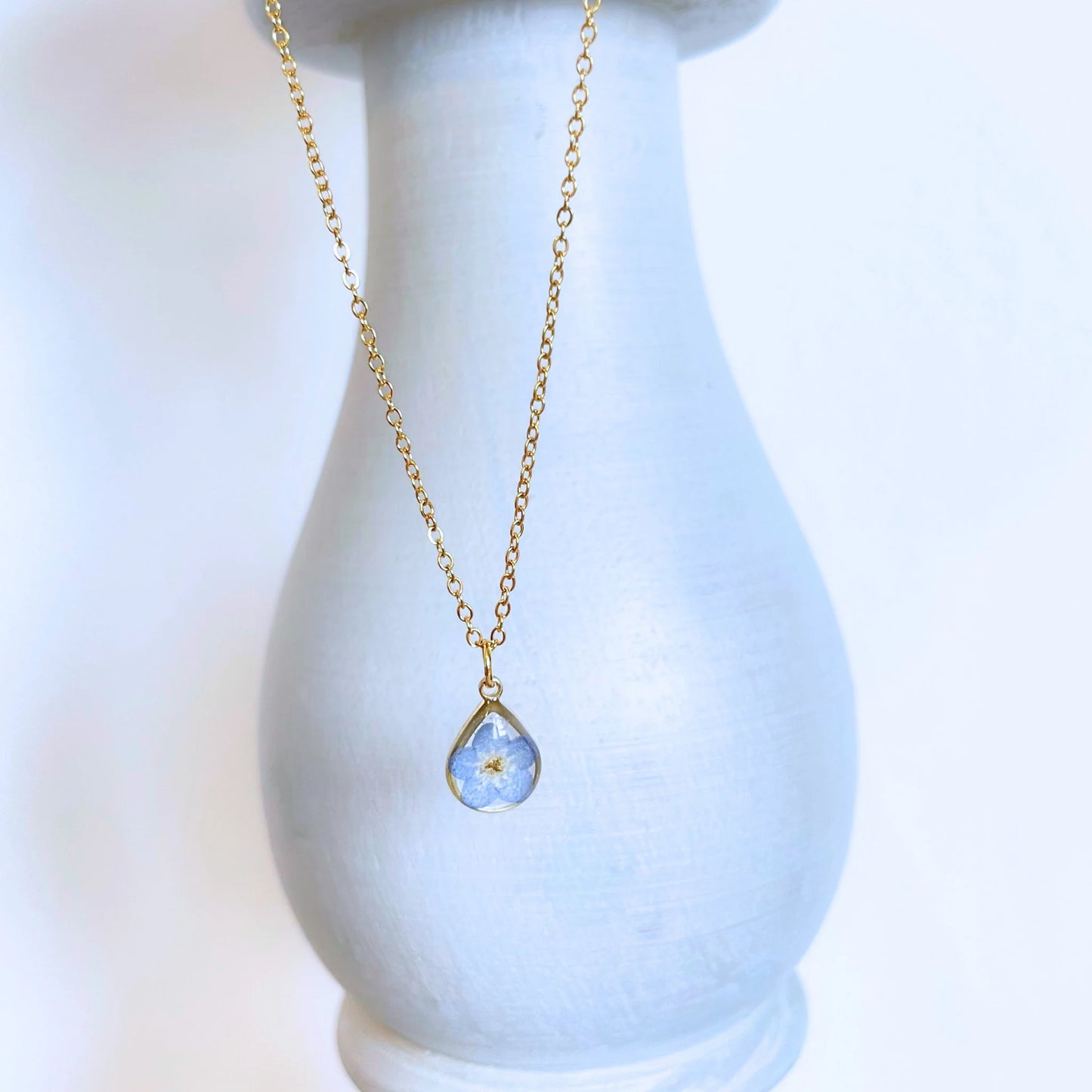 Forget Me Not Flower Teardrop Charm Necklace