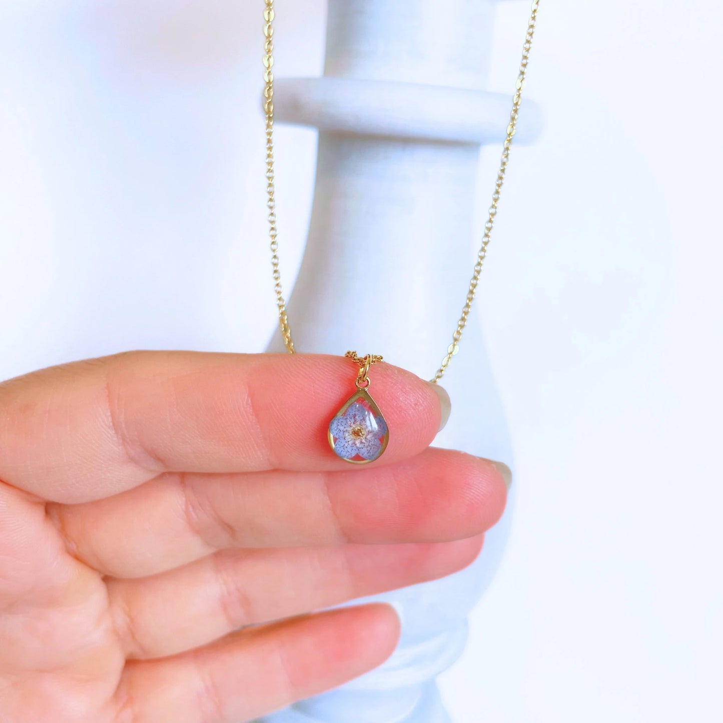 Forget Me Not Flower Teardrop Charm Necklace