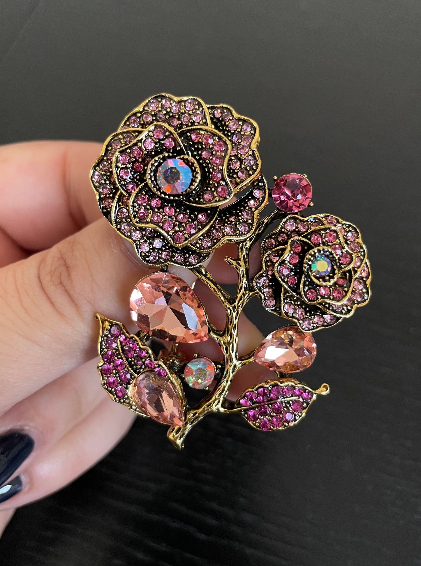 Dainty Pink Rose Flower Rhinestone Gold Pin Brooch