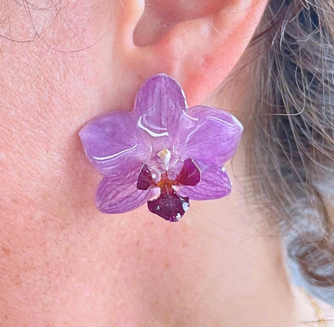 Real Purple Orchid Flower Earrings