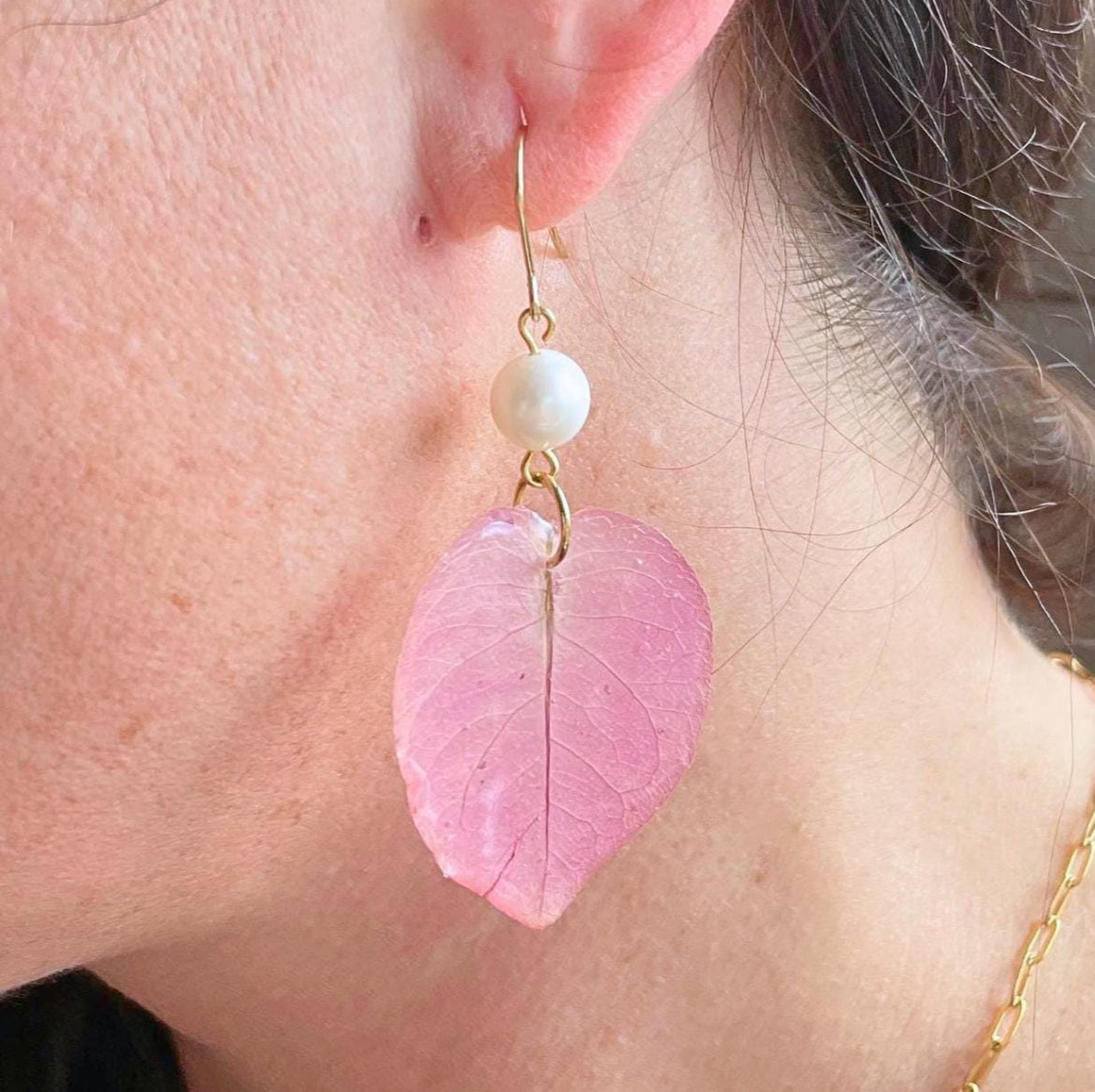 Real Pink Leaf Pearl Earrings