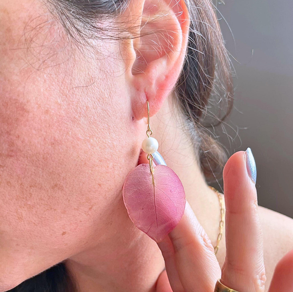 Real Pink Leaf Pearl Earrings