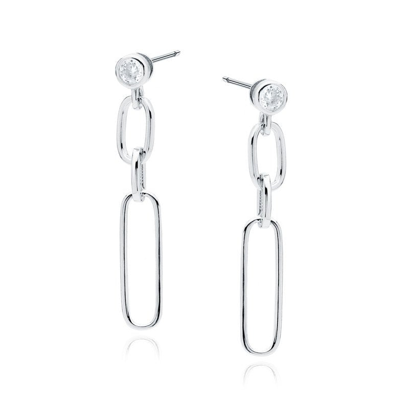 Sterling Silver Link Chain Crystal Dangle Stud Earrings