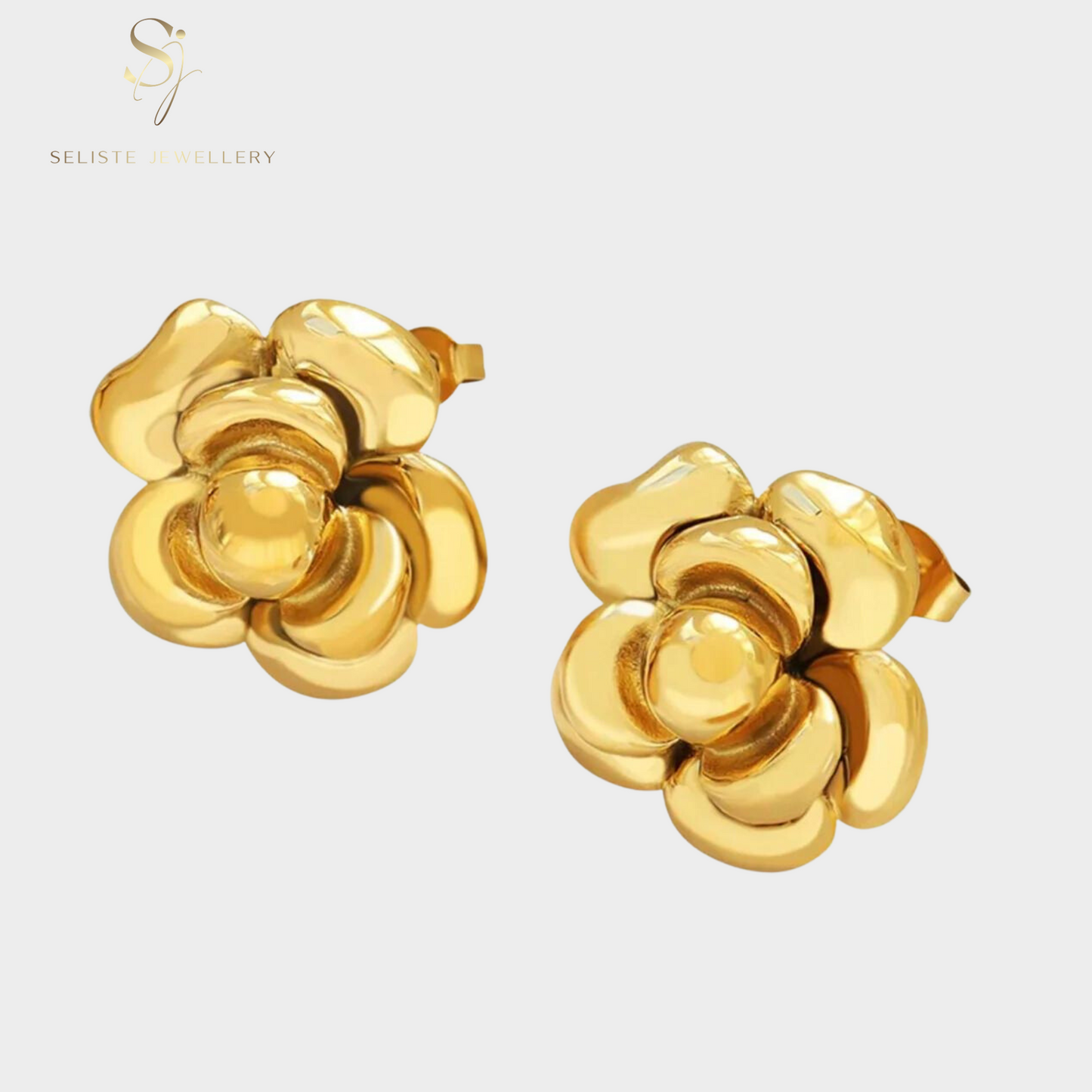 Luxury Gold Camellia Flower Stud Earrings