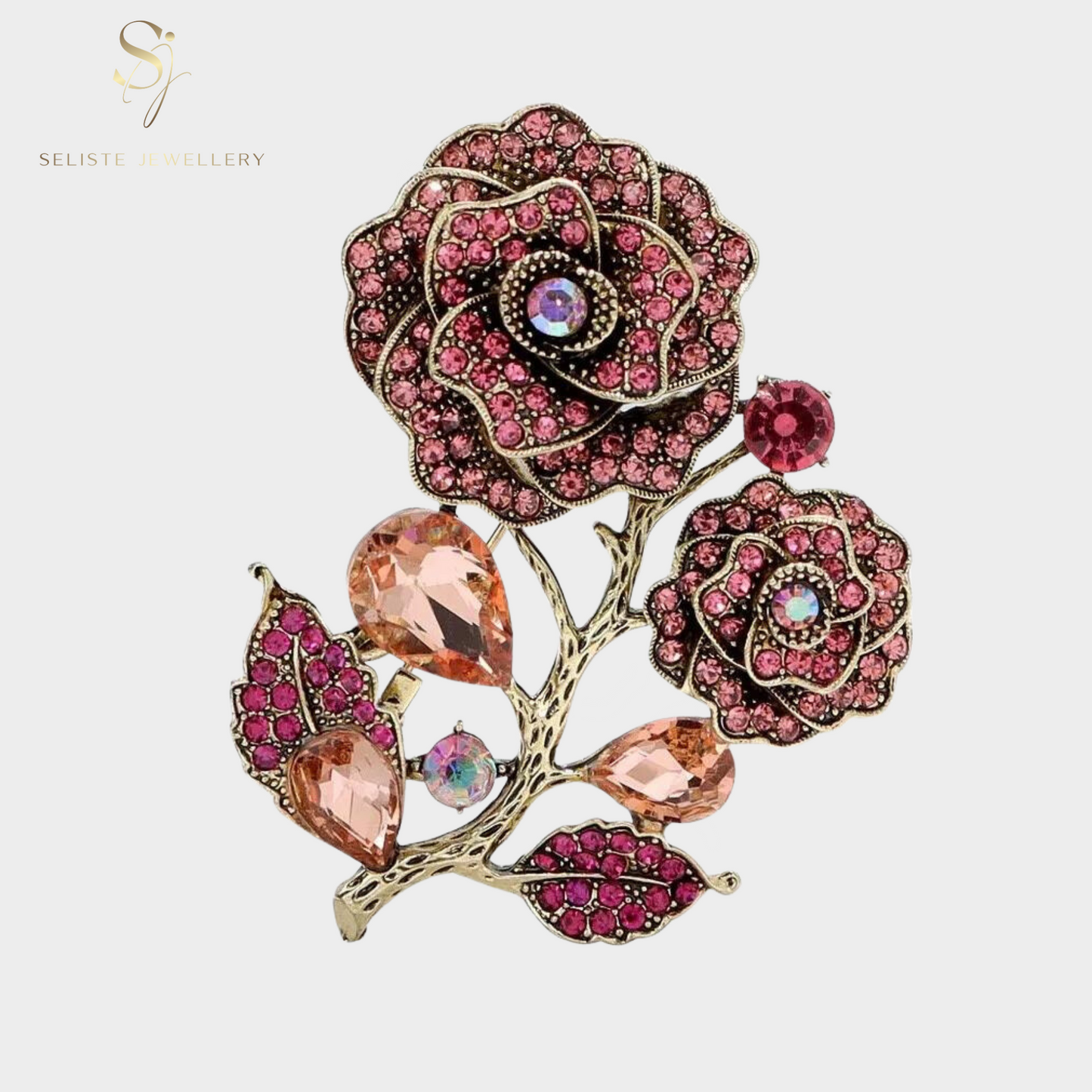 Dainty Pink Rose Flower Rhinestone Gold Pin Brooch