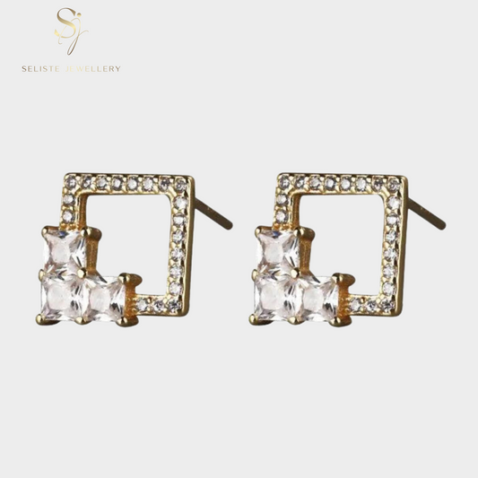 Elegant Hollow Crystal Square  Stud Earrings
