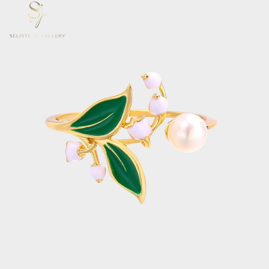 Elegant Enamel Lily Of The Valley Pearl Gold Open Ring