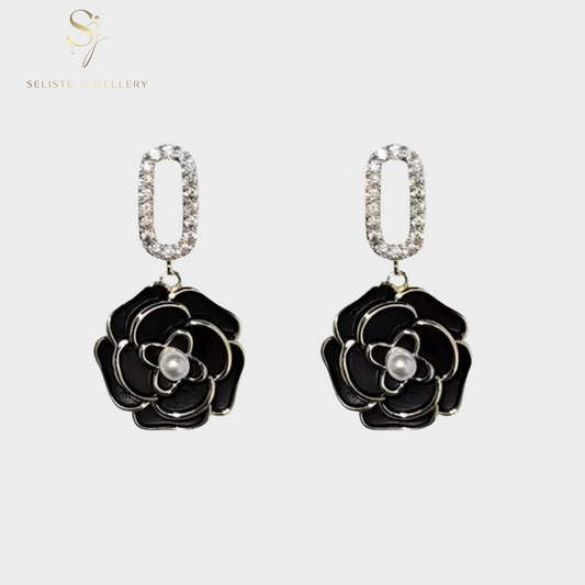 Elegant French Black Camellia Dangle Earrings