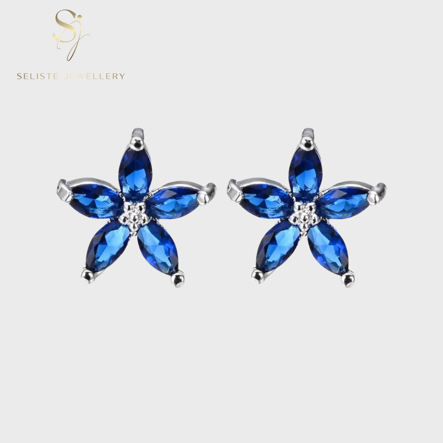 Blue Sapphire Flower Stud Earrings