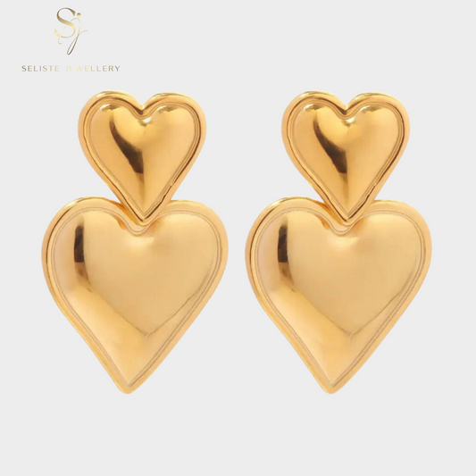 Fashion Double Heart Gold Dangle Earrings