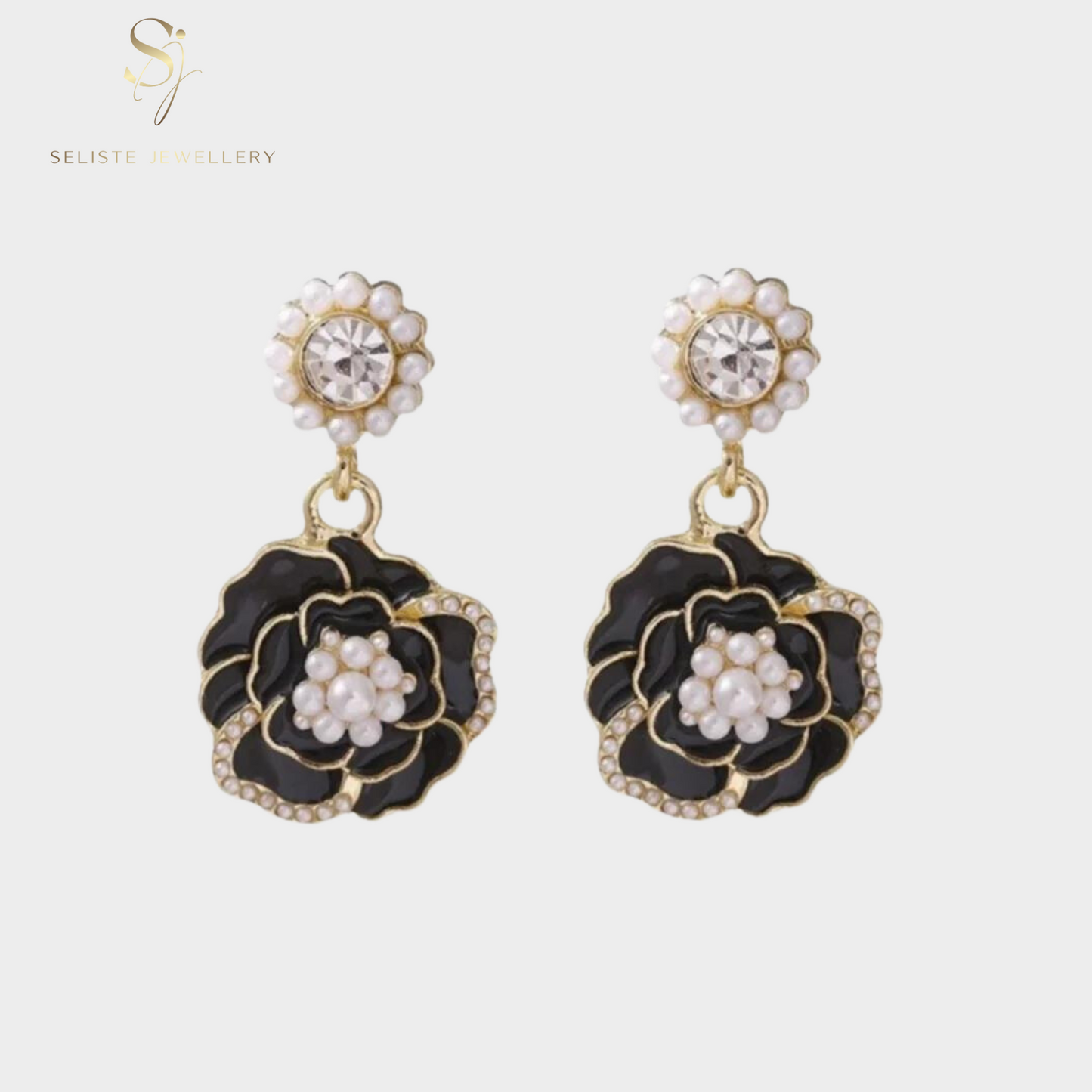 Classic Black Camellia Flower Drop Earrings