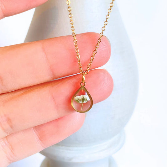 Baby's Breath Flower Teardrop Charm Necklace