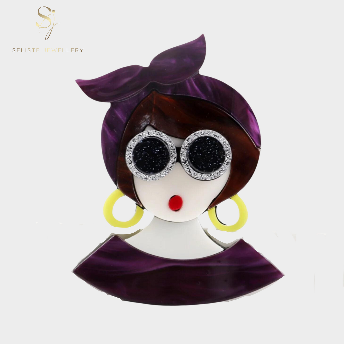 Fun And Quirky Purple Lady With Sunglasses  Acrylic Brooch