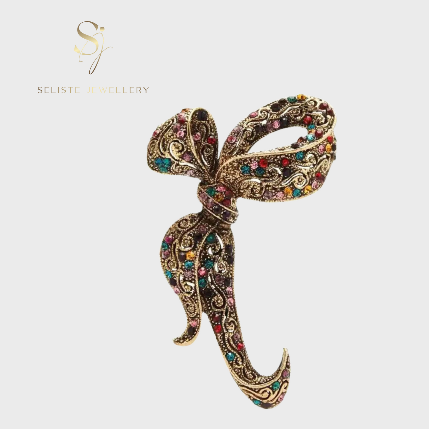 Elegant Colourful Rhinestone Large Ribbon Pin Brooch In Gold