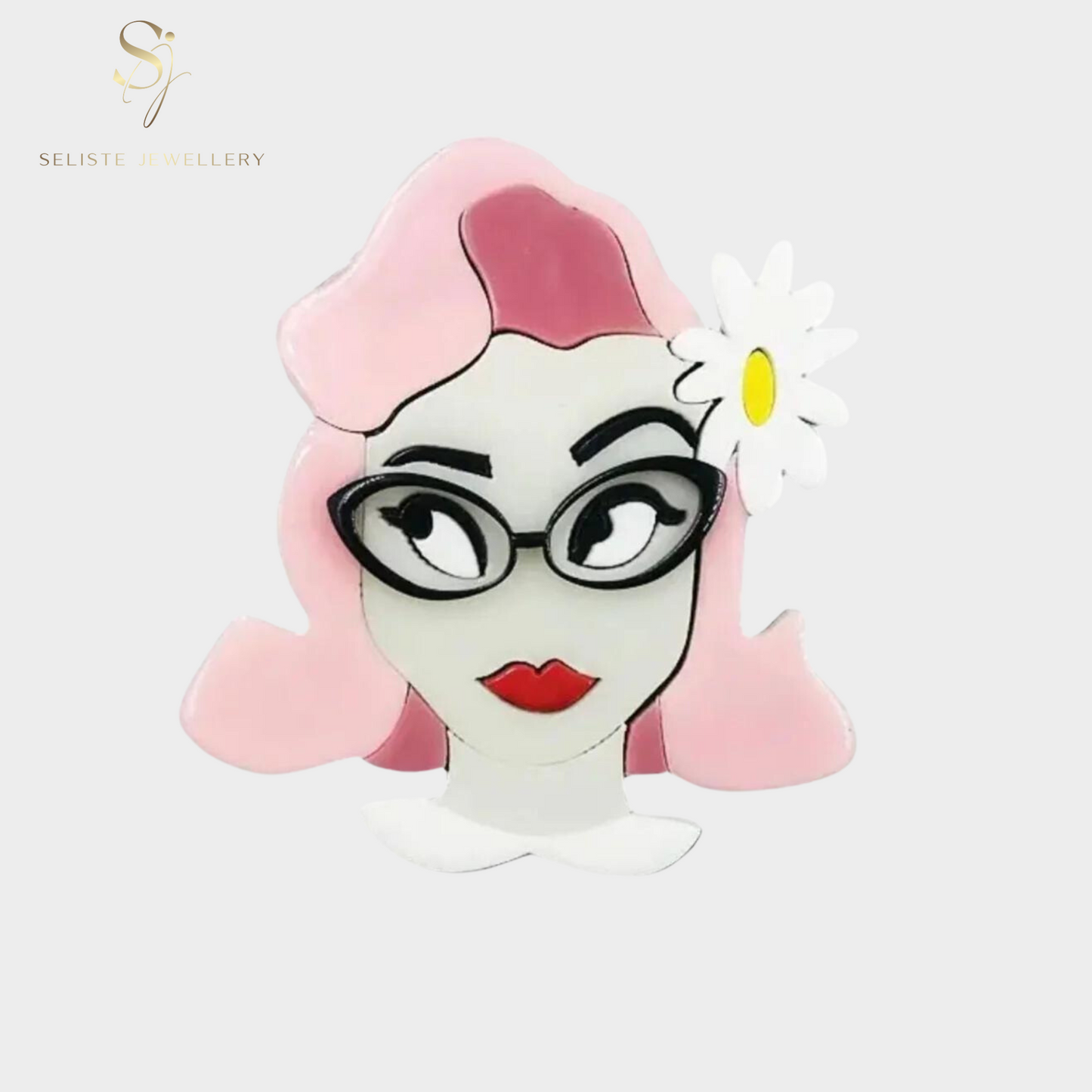 Quirky Lady With Pink Hair And White Flower Large Acrylic Brooch