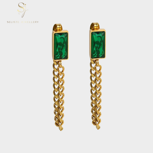 Dainty Green Emerald Rectangle Chain Drop Earrings