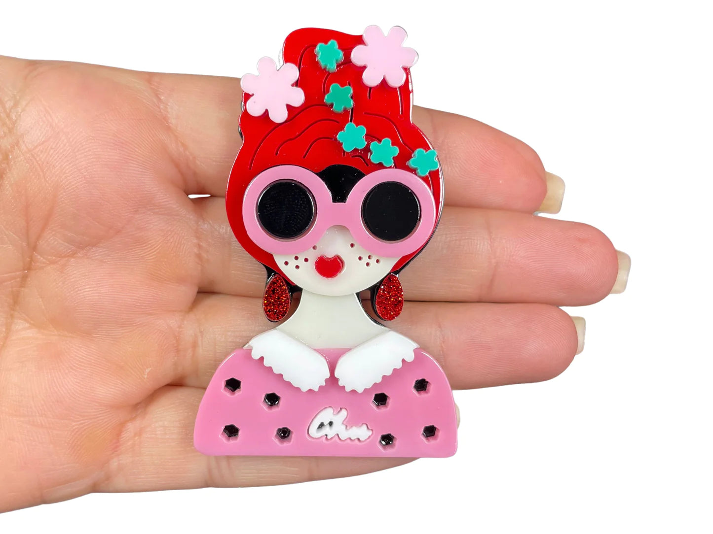 Quirky Acrylic Lady Figure With Red Hair Pin Brooch