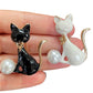 Dainty Black Cat With Pearl Pin Brooch