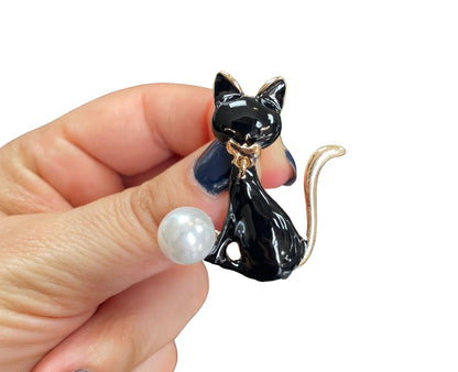 Dainty Black Cat With Pearl Pin Brooch