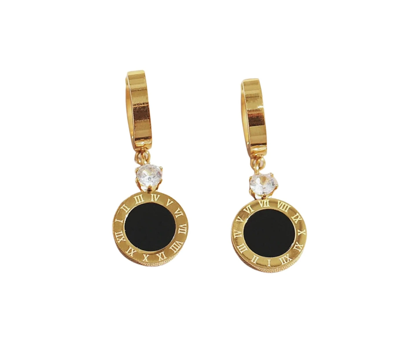 Roman Numeral Black Disc Dangle Hoop Earrings