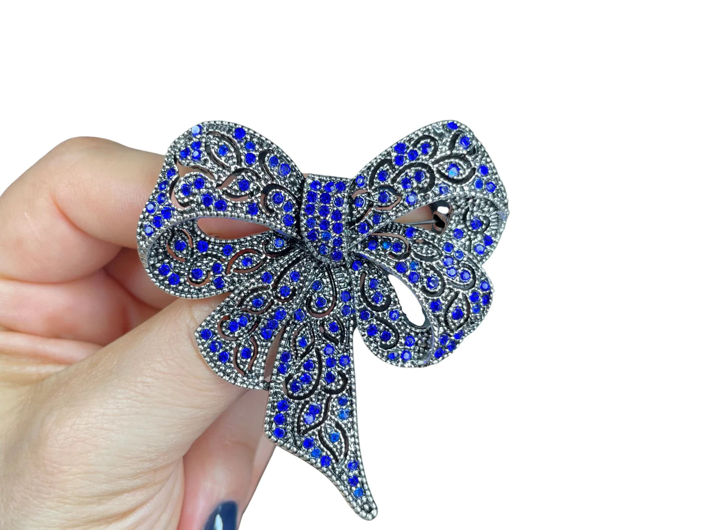 Stunning Blue Crystal Ribbon Bowknot Silver Pin Brooch